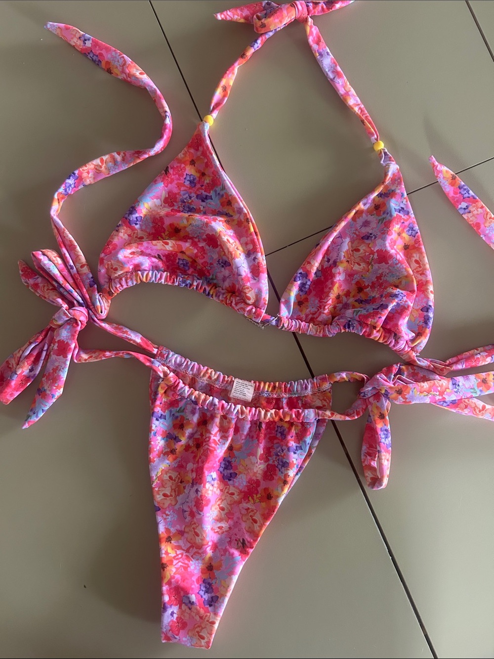 Pink Floral Tie-Side Triangle Bikini Set